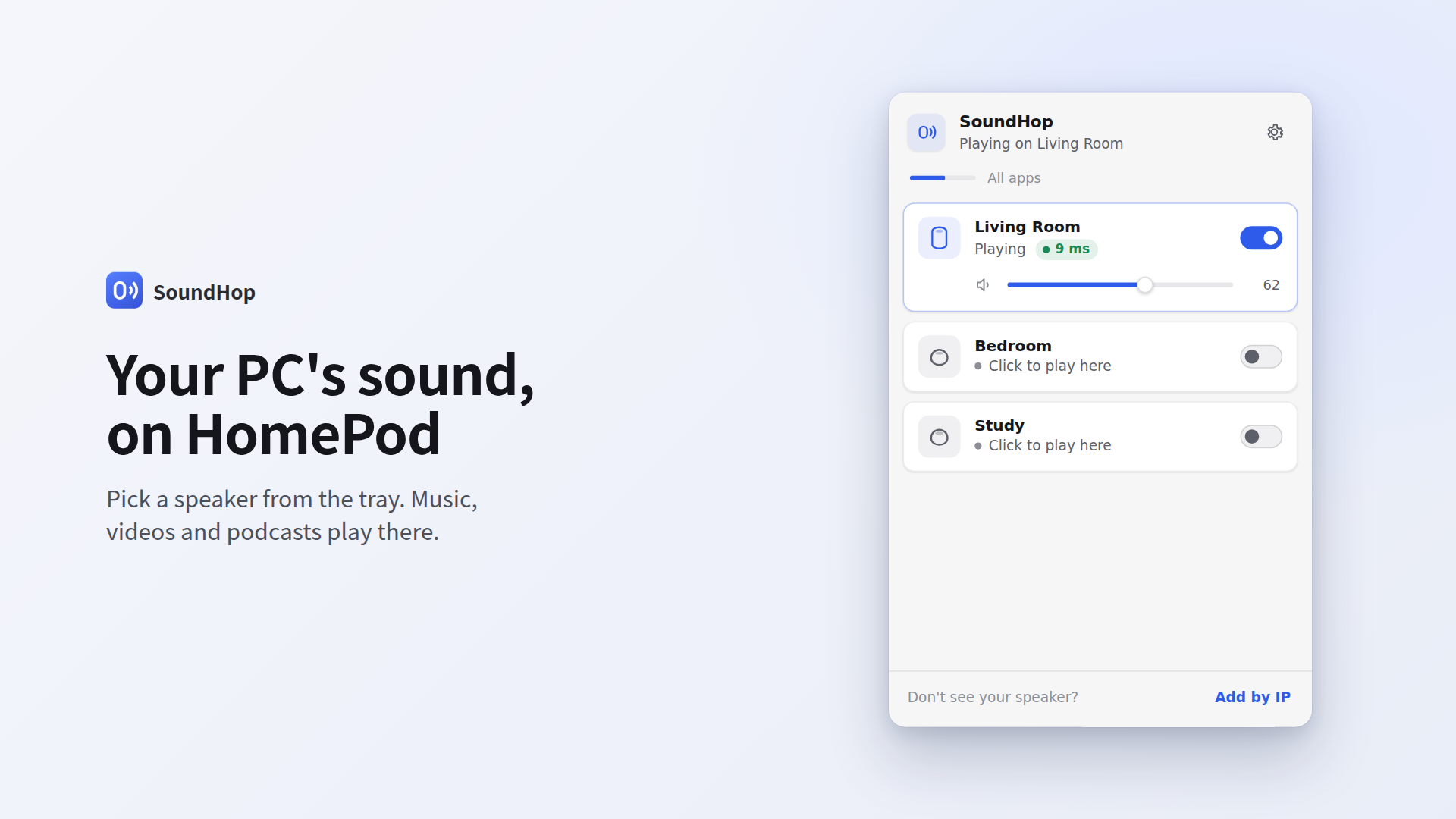SoundHop panel playing to a HomePod named Living Room